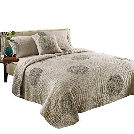 mixinni 100% Cotton 3-Pieces Classical Floral Pattern Solid Taupe Bedspread Quilt Set, Lightweight &Soft-Full/Queen(86"x96")