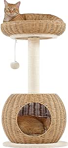 Yaheetech Cat Tree, 29.5in Rattan Cat Climbing Tower for Indoor Cats w/Scratching Post, Woven Rattan Cat Condo and Soft Cushion Top Perch, Luxury Cat House for Cats Kittens