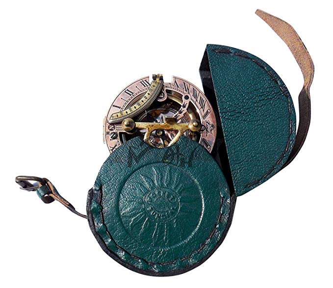 MAH Handmade Brass Sundial Compass Beautiful Gift Item with Leather Box. C-3058