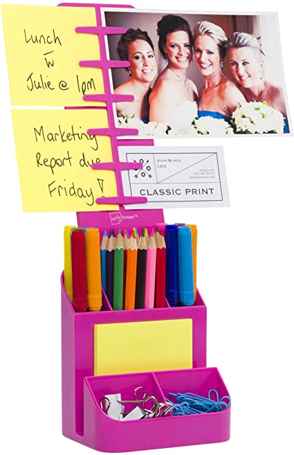 NoteTower Desktop Organizer Caddy - Displays Sticky Notes & Photos, Holds Office Supplies - Home/Office Desk Pen & Pencil Holder, 6 Compartments, Fast One-Handed Paper Insertion - Pink