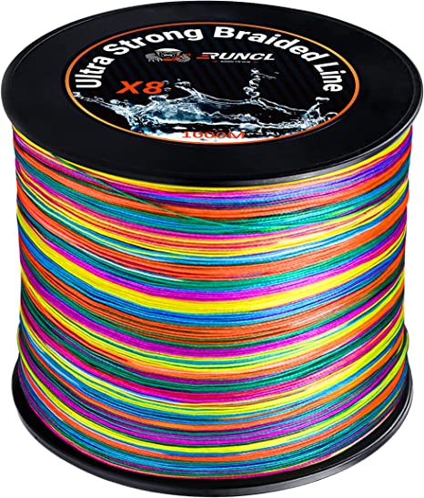 RUNCL Braided Fishing Line, 8 Strand Abrasion Resistant Braided Lines, Super Durable, Smooth Casting, Zero Stretch, Smaller Diameter, Rainbow Color for Extra Visibility, 328-1093 Yds, 12-100LB