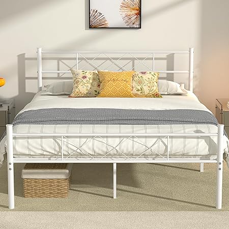 VECELO Queen Size Platform Bed Frame with Headboard, Heavy-Duty Mattress Foundation with Strong Metal Slats, No Box Spring Needed, Easy Assembly, White