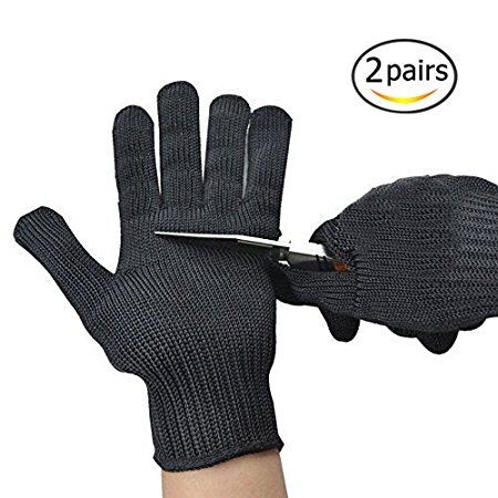 Healthcom 2 Pair Cut Resistant Gloves Anti-Vibration Gloves Heat Resistant Kint Safety Work Gloves High Performance Level 5 Protection, Food Grade,Black