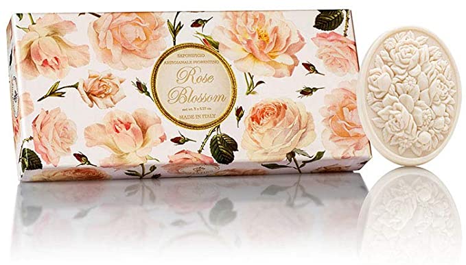 Rose Flower, box of Italian Rose Soap, oval soaps sculpted with bouquet of flowers, 3 x 4.40 oz.