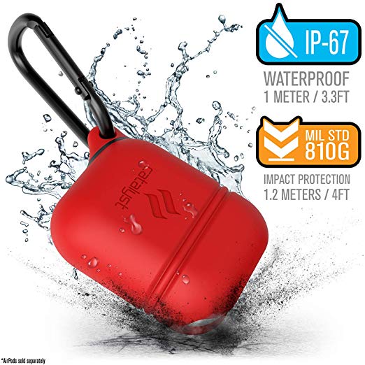 Waterproof Case for Apple Airpods 2 & 1, Shockproof and Drop Proof Protective Cover Soft Skin, Carabiner, Silicone, Compatible Wireless Charging - Apple Accessories Airpods 2 & 1, Flame Red