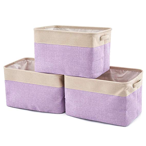 EZOWare Storage Bins Organizer, Set of 3 Foldable Collapsible Large Cube Fabric Linen Canvas Storage Baskets for Shelves Cubby Laundry Playroom Closet Clothes Shoe Baby Toy with Handles (Cream/Purple)