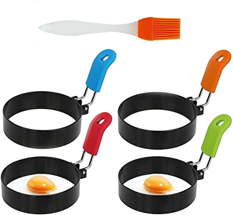 4 Pack Egg Rings, WOVTE Egg Rings Non Stick Frying for Frying Muffin Pancake Omelette Crumpets, Round Fried Egg Rings with One Silicone Brush