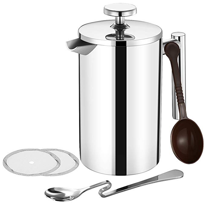 TOPELEK【17 Ounce/ 500ml/4 Coffee Cups】French Cafetiere Coffee, French Press with Stainless steel,Double Wall Tea Maker, 1 Measuring Scoop, 2 Bonus Filter Screen,for Trip, Household, Office Work