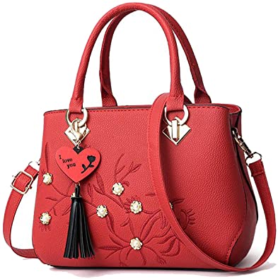 Eslove Women Handbag Tassel PU Leather Tote Bag Top-Handle Embroidery Crossbody Bag Shoulder Bag
