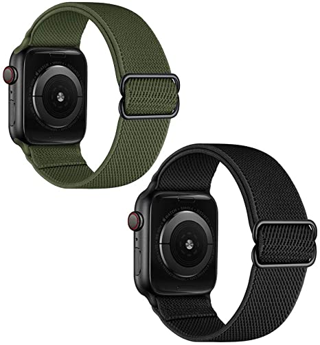 OXWALLEN 2 Pack Stretchy Solo Loop Compatible with Elastic Apple Watch Bands 42mm 44mm, Adjustable Braided Sport Nylon Women Men Bracelet Strap for iWatch SE Series 6/5/4/3 - Black/Military Green