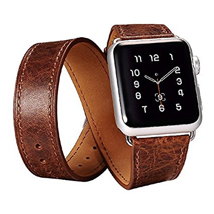 BOOSTED®, For Apple Watch Band, Long Strap and Cuff Band Combination Genuine Leather Strap For Apple Watch Band Double Tour Bracelet Leather Watchband with Metal Clasp for Apple iWatch and Sports & Edition, BOOSTED® - Tan (38mm, Coffee - 4 Piece)
