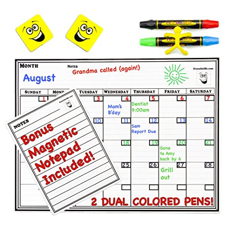 Magnetic Dry Erase Monthly Calendar KIT for REFRIGERATOR - INCLUDES - Perpetual Calendar 16" x 12" - Notepad 4" x 6" - 2 Dual Color Markers - Yellow Whiteboard Erasers - "Pen Butler" Fridge Magnet
