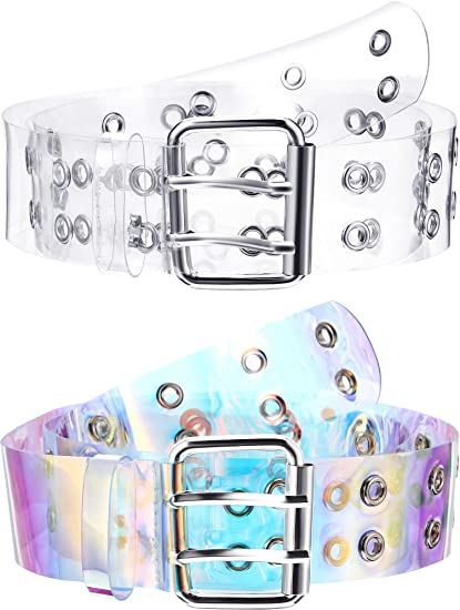 2 Pieces Double Grommet Belt Punk Studded Eyelet Leather Holographic Clear Belt