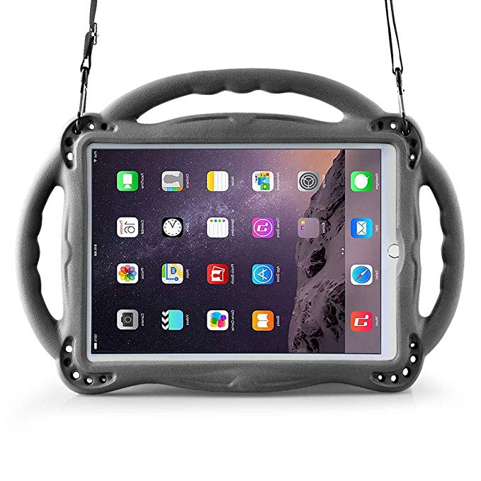 eTopxizu Kids Case for New iPad 9.7 2018/2017, Light Weight Shockproof Silicone Handle Stand Case Cover with Shoulder Strap Lanyard for iPad 9.7 2018/2017 / iPad Air/iPad Air 2 - Black
