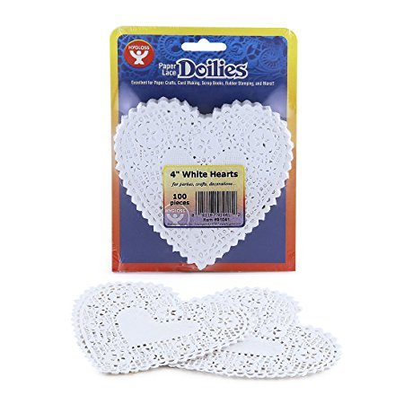 Hygloss 91041 100-Piece Heart Doilies, 4-Inch, White