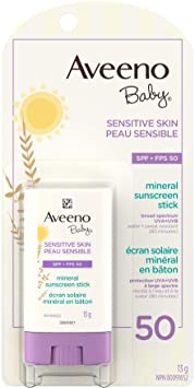 Aveeno Baby Sensitive Skin Mineral sunscreen stick Spf 50 With 100% Zinc Oxide, for Face & Body, Sweat- & Water-resistant Kids sunscreen stick, Travel Size, 13 Grams