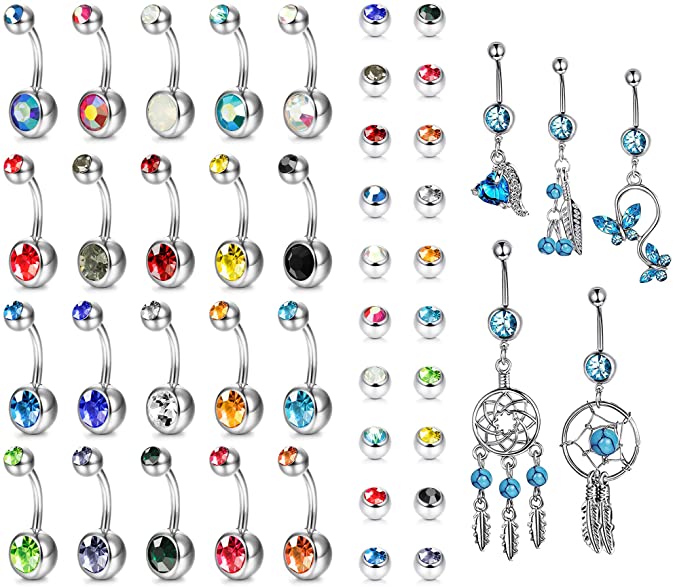 YADOCA 25 Pcs 14G Belly Button Rings Multicolor CZ Stainless Steel Dangle Navel Rings Curved Barbell Body Piercing Jewelry