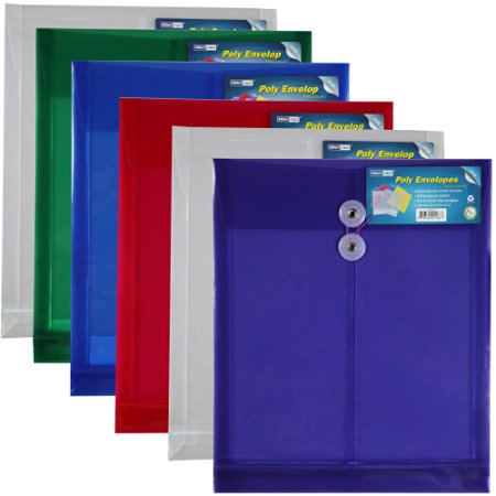 Letter Size Poly String Envelope with Expandable Gusset, 6pc Mix Colors Set(1green,1blue,2clear,1purple,1red), Water/tear Resistant-translucent