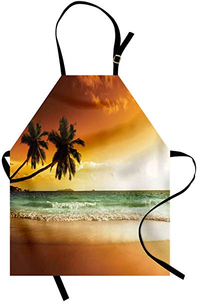 Ambesonne Tropical Apron, Palm Trees Over Wavy Ocean Sandy Beach and Dramatic Sky Exotic Vacation, Unisex Kitchen Bib with Adjustable Neck for Cooking Gardening, Adult Size, Brown Orange