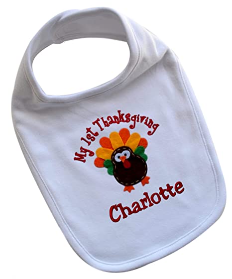 Personalized My First Thanksgiving BIB for Baby Boys and Girls with Felt Turkey and Embroidered Name