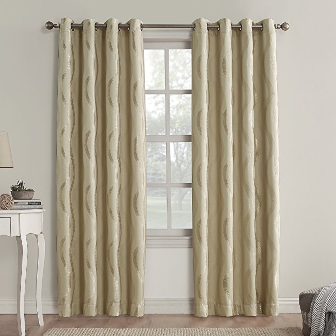 Sun Zero Travis Modern Wave Print Grommet Blackout Curtain Panel, 52" x 84", Ecru Beige