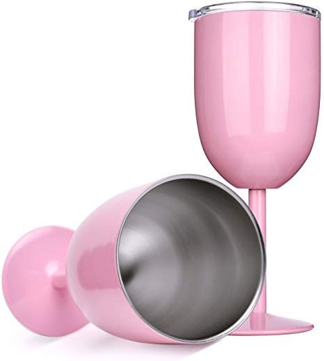 Amzyt Insulated Pink Wine Glasses Double Wall 100% Food Grade 18/8 Stainless Steel Travel Wine Cup With Leak Proof Lid For Adult As Birthday And Mother's Day Gift