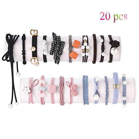 Hair Ties for Girls and Women, Funtopia 20 Pcs Pearls Lucky Bowknot Flower Hair Accessories Hair Rope Elastic Rubber Band for Hair Fashion Ponytail Holder for Thick Hair or Thin Hair - Mixed Color
