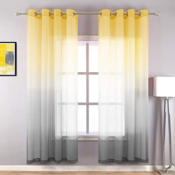 Yellow and Gray Curtains 63 Inch Length Grommet Window Panel Set of 2 Rainbow Sunshine Ombre Sheer Curtains for Bedroom Girls Room Kids Living Room Basement 52 x 63 Inches Long Bright Yellow and Grey