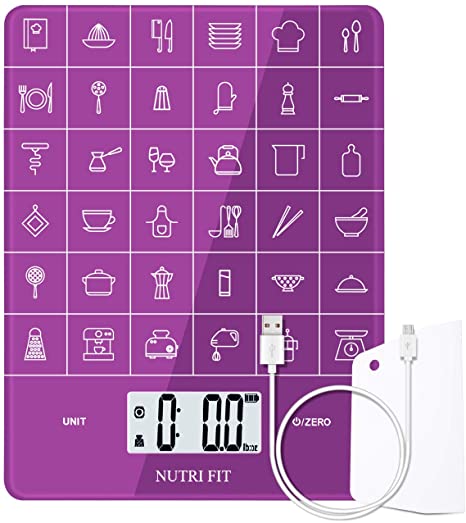 NUTRI FIT Rechargeable Digital Kitchen Scales, Electronic Food Scales with USB, Profeesional Cooking Scales, Weight Gram and Oz Baking Scale,Tempered Glass, 11lb/5kg (Purple)