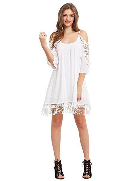 Milumia Women's Summer Cold Shoulder Crochet Lace Sleeve Loose Beach Dress