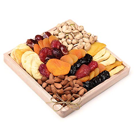 Milliard Dried Fruit & Nut Gift Platter Arrangement on Pine Wood Tray for Christmas & year-round and Holiday - 24 Ounce Assortment