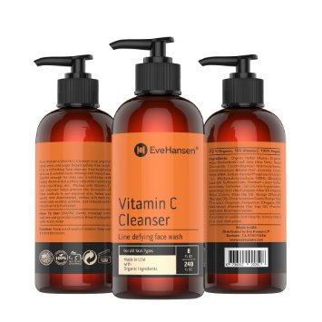 8oz Sulfate Free VITAMIN C FACE CLEANSER by Eve Hansen - Anti-Aging Face Wash - Made in USA with Organic & Natural Ingredients and 15% Vit C - Helps Reduce Wrinkles, Sun Spots and Discoloration