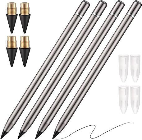 4 Pcs Metal Inkless Pen Inkless Erasable Pencil Metallic Pencil No Ink Aluminum Metal Pencil with Eraser for Writing Drafting Drawing Home Office School Supplies (Black)