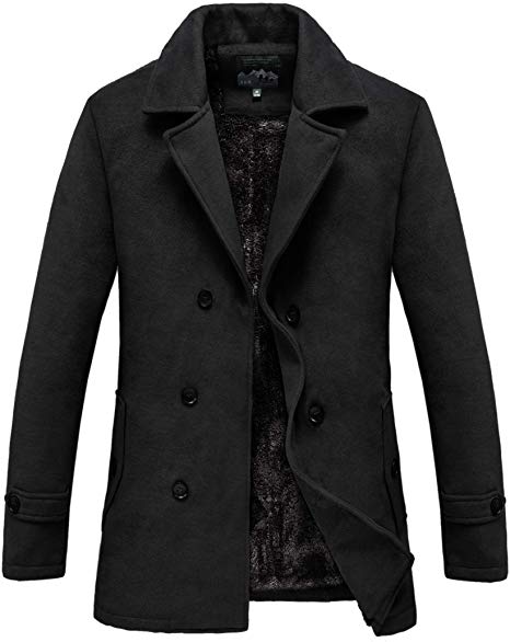 RongYue Men's Winter Pea Coat Classic Wool Double Breasted Peacoat Jacket