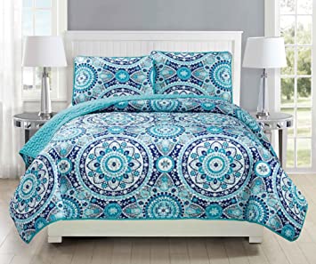 Mk Collection Twin/Twin Extra Long 2pc Bedspread Coverlet Quilted Floral Turquoise Teal Blue Grey Over Size New #185 70"x95"