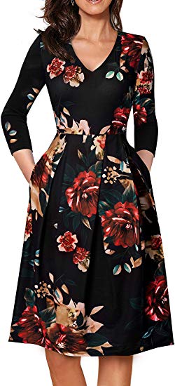 HOMEYEE Women's V-Neck 3/4 Sleeve Flare Casual Dress with Pockets A126