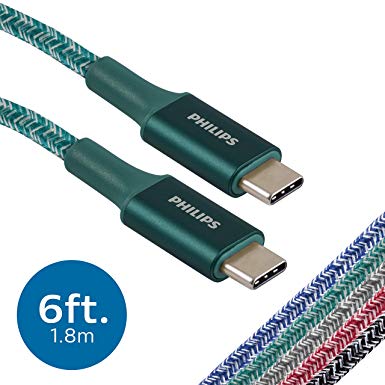 Philips 6 Ft. 2 Pack USB Type C Cable, USB-C to USB-C Emerald Durable Braided Fast Charging Cable, Compatible with iPad Pro, MacBook Pro, Samsung Galaxy S10 S9 Note 9 8 S8 Plus, DLC5226EC/37