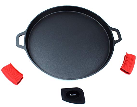 Cast Iron Pizza Pan 13.58" (Pre-Seasoned), Baking Pan, Cooking Griddle, for Stove, Grill, BBQ and Oven - Including Silicone Hot Handle Holders and Scraper