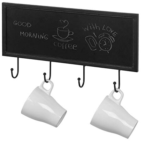MyGift 4-Hook Industrial Style Wall Mounted Mug Holder with Chalkboard Sign