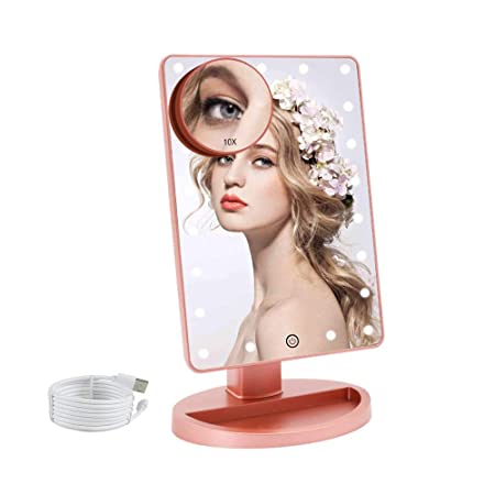 COSMIRROR Lighted Makeup Vanity Mirror with 10X Magnifying Mirror, 21 LED Lighted Mirror with Touch Sensor Dimming, 180°Adjustable Rotation, Dual Power Supply, Portable Cosmetic Mirror (Rose gold)