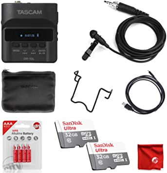 Tascam DR-10L Digital Recorder with Lavalier Microphone Bundle Including 2 32GB Sandisk Micro SD Memory Cards and 4 AAA Circuit City Batteries