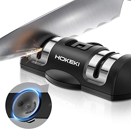 Knife Sharpener, HOKEKI Professional 2 Stage Manual Kitchen Chefs Pocket Survival Knife Sharpener with Non-Slip Suction Cup Helps Repair, Restore and Polish Blades, Black