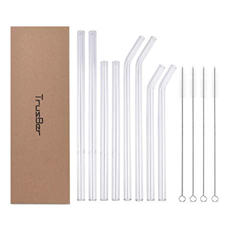 TRUSBER Clear Glass Straws, Thin Reusable Drinking Straws for Water Smoothies Coffee Tea, Elders & Kids Friendly, 10 & 8 Inches, Non-toxic(Pack of 4 Straight Straws   4 Bent Straws   4 Brushes)