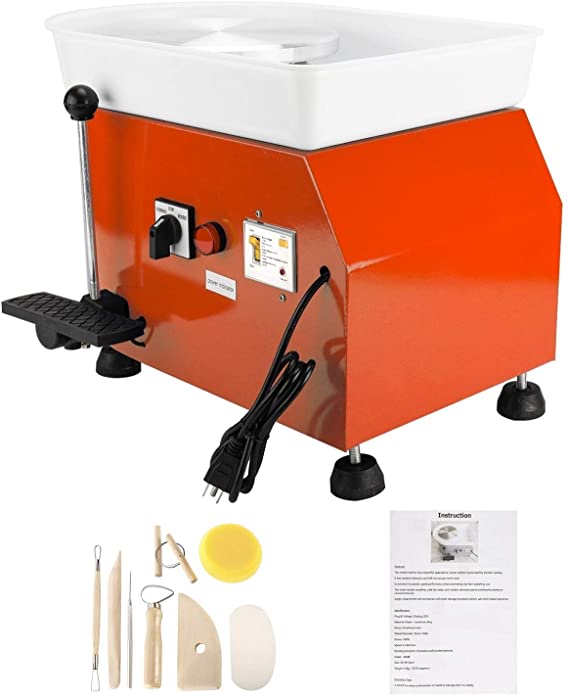 25CM (9.8") Electric Pottery Wheel Machine 110V 350W Clay Work Forming Machine DIY Ceramic Making Tool with Lever and Foot Pedal ABS Basin and 8pcs Art Craft Shaping Tools (Orange)