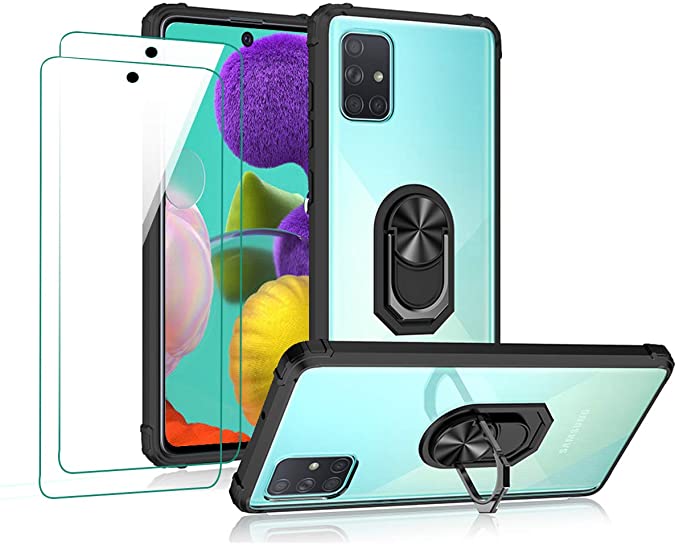 for Samsung Galaxy A51 Case, DMDMBATH A51 Phone Case with Ring Holder 2Pcs Screen Protectors Kickstand All-Inclusive Thickened Anti-Fall Hard Pc Clear Back Shell Ring Magnetic Car Mount (Black)