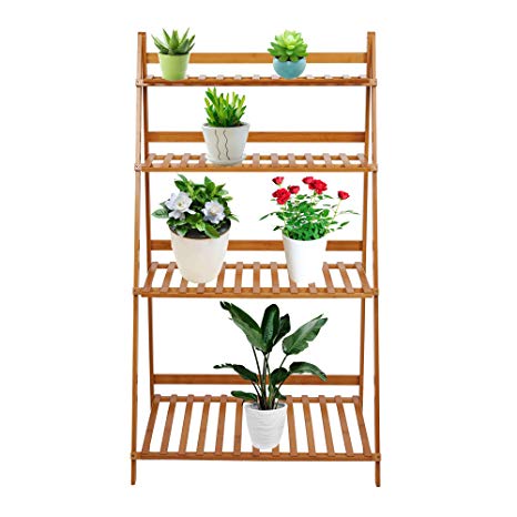 Lucky Tree 4 Tiered Plant Stand Bamboo Folding Ladder Potted Holder Display Shelving Indoor Flower Organizer Shelf Rack Outdoor Patio Lawn Garden Balcony