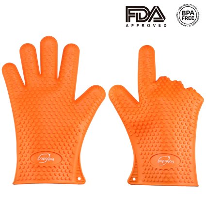 BBQ Grilling Gloves, PAPAYAY Silicone Heat Resistant Oven Mitts Gloves for Cooking, Baking, Smoking & Potholder, Total Finger, Hand, Wrist Protection! 1 Size Fits All, 1 Pair, Orange