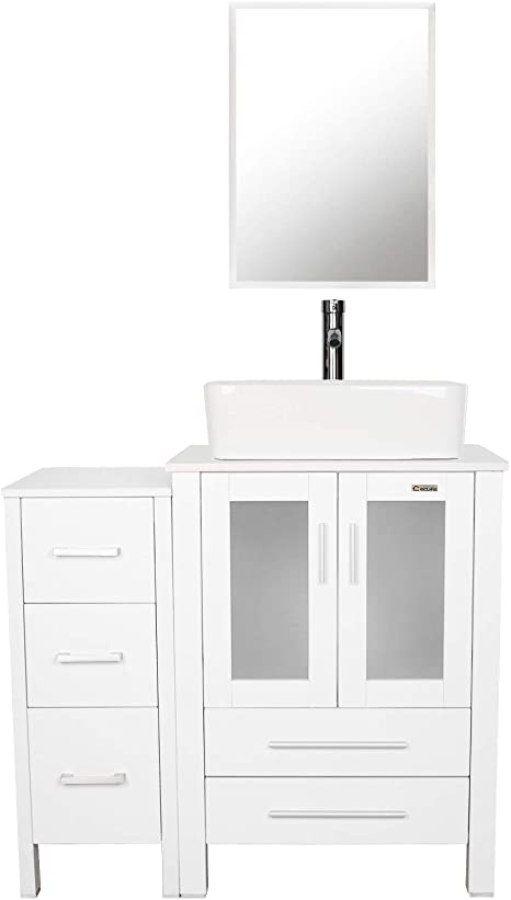 eclife 36” Bathroom Vanity Sink Combo White W/Side Cabinet Vanity White Ceramic Vessel Sink and Chrome Bathroom Solid Brass Faucet and Pop Up Drain, W/Mirror (T03B02WB11W)