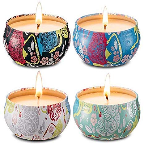 AIMASI Scented Candles Gift Set of 4 Jasmine,Lotus,Lilac Blossoms & White Gardenia,Natural Soy Wax Portable Travel Tin Candle