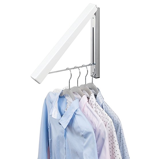 mDesign Compact Slim Design Home Storage Collapsible Wall Mount Clothes Hanger and Drying Rack for Laundry Room - hang clothing, coats, robes, dry cleaning, more - White